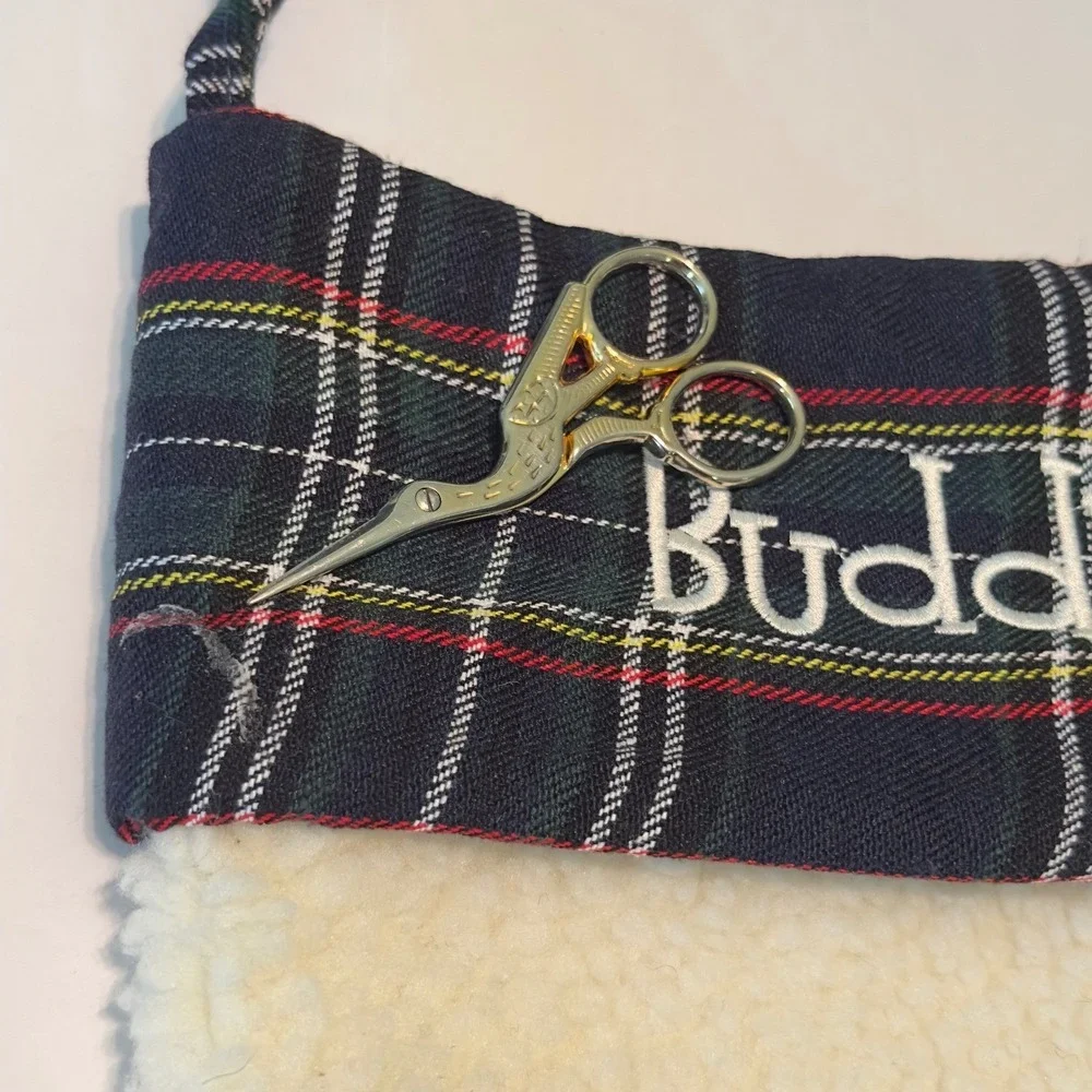 Buddy Personalized Dog Paw Christmas Stocking Sherpa‎ Plaid Navy Ivory 15in